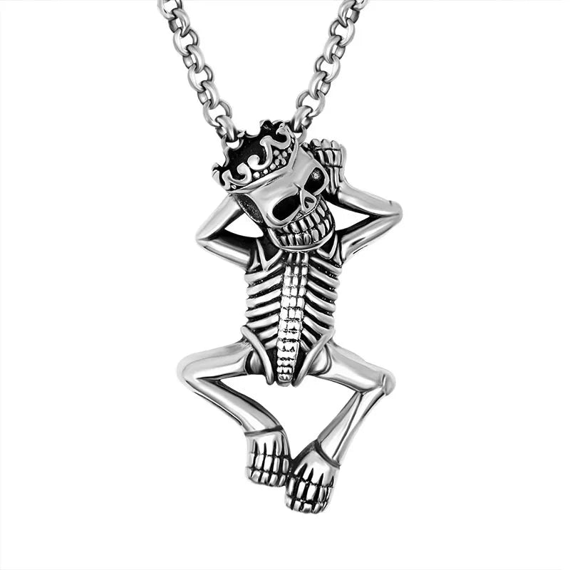 Crowned Skeleton Pendant Necklace for Men – Titanium Steel Punk Rock Style (Relaxed Pose)