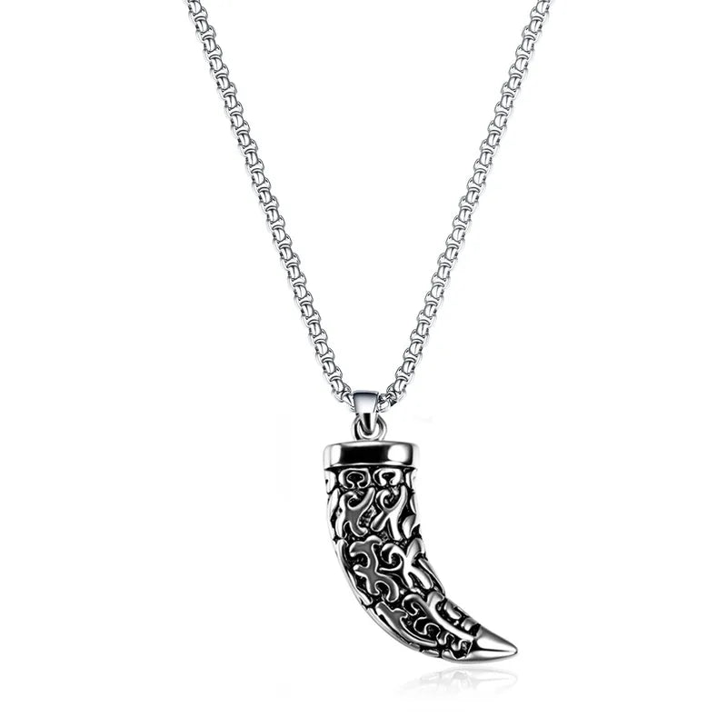 Viking Horn Pendant Necklace for Men – Engraved Titanium Steel, 45–55cm Chain