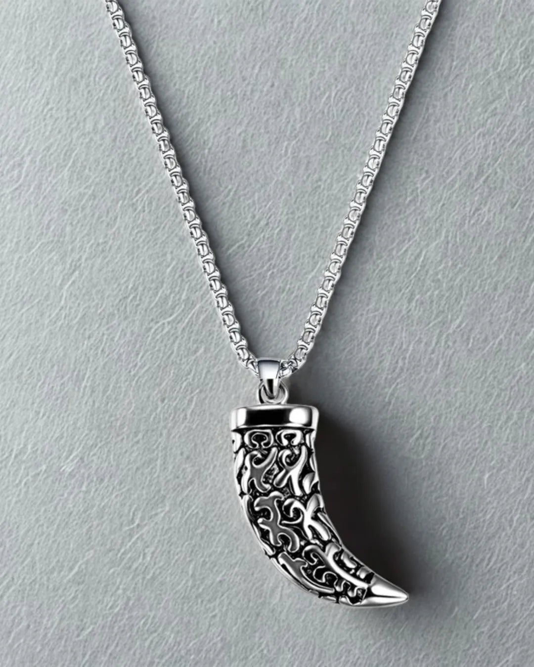 Viking Horn Pendant Necklace for Men – Engraved Titanium Steel, 45–55cm Chain