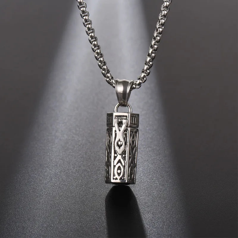 Retro Cylinder Locket Pendant Necklace for Men – 304 Stainless Steel with Hidden Compartment – 60cm Chain