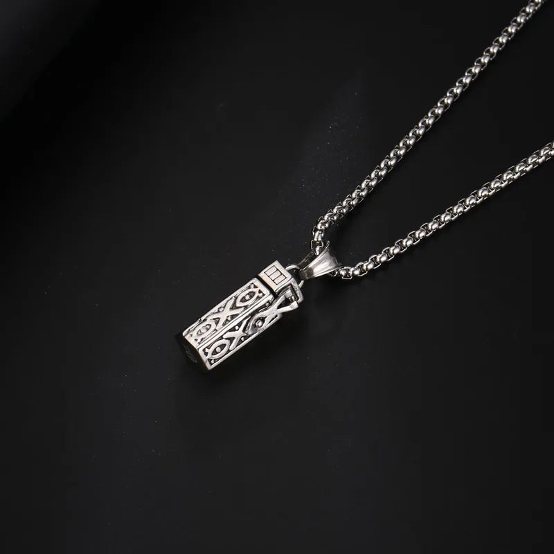 Retro Cylinder Locket Pendant Necklace for Men – 304 Stainless Steel with Hidden Compartment – 60cm Chain
