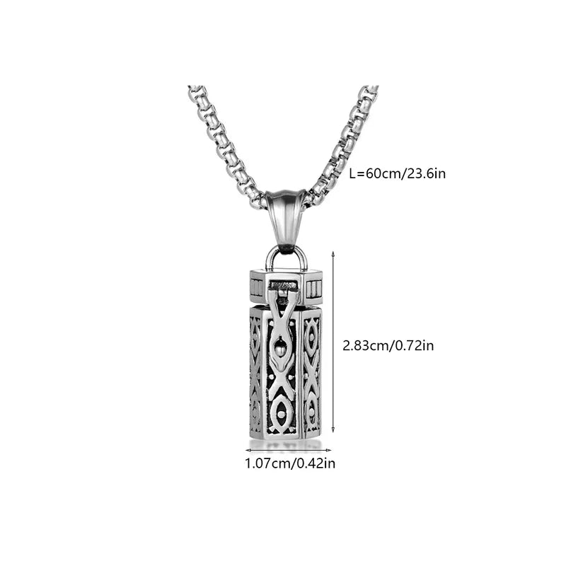 Retro Cylinder Locket Pendant Necklace for Men – 304 Stainless Steel with Hidden Compartment – 60cm Chain
