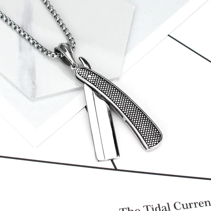Straight Razor Pendant Necklace for Men – Polished Stainless Steel Barber Style Chain