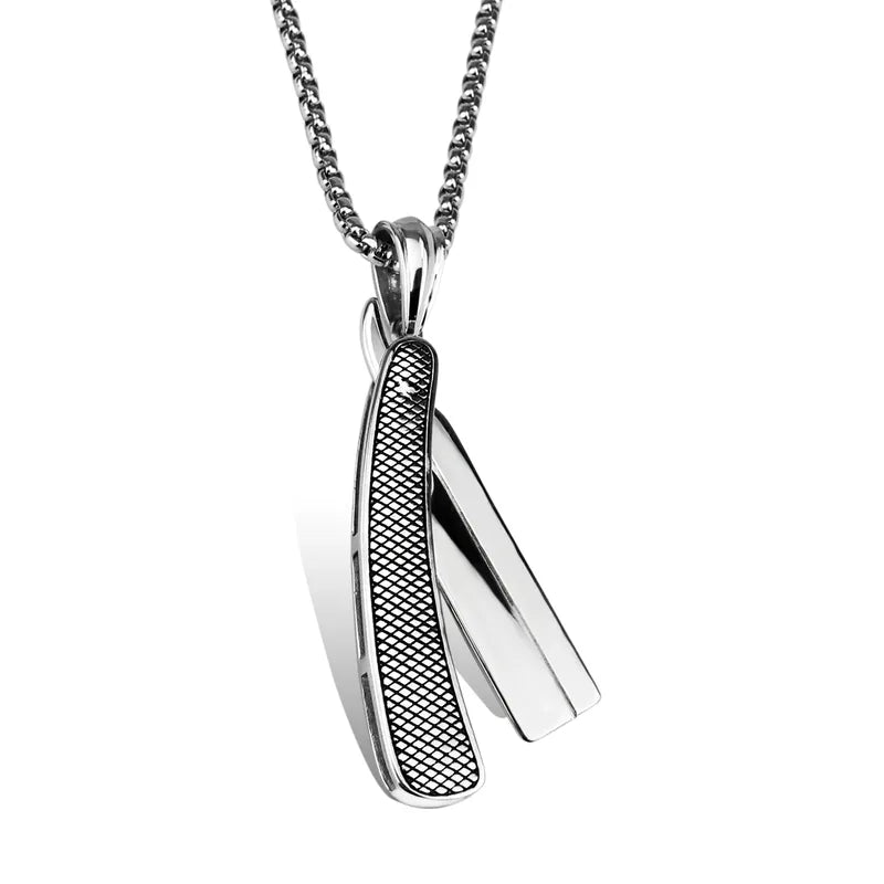 Straight Razor Pendant Necklace for Men – Polished Stainless Steel Barber Style Chain