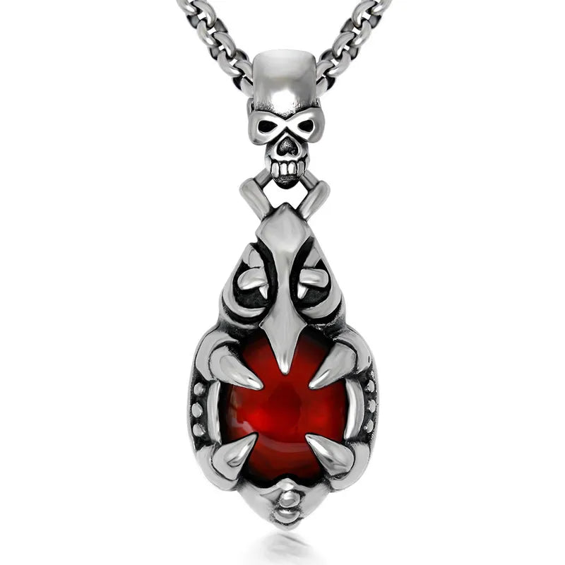 Claw Grip Red Stone Skull Pendant Necklace – 304 Stainless Steel