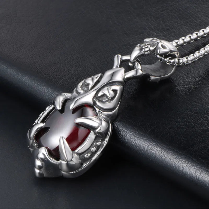 Claw Grip Red Stone Skull Pendant Necklace – 304 Stainless Steel