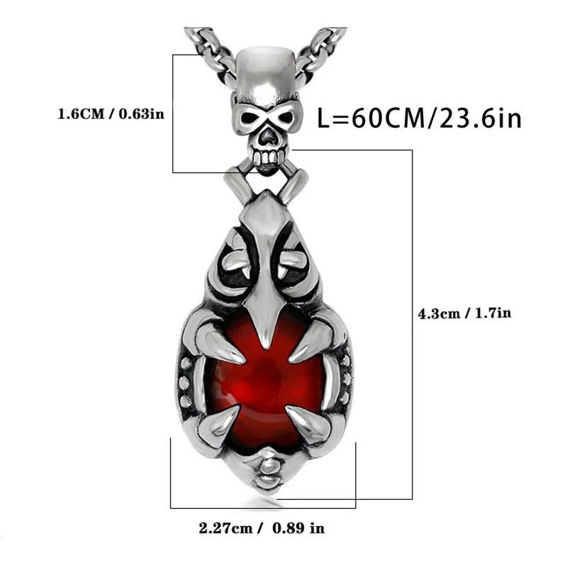 Claw Grip Red Stone Skull Pendant Necklace – 304 Stainless Steel