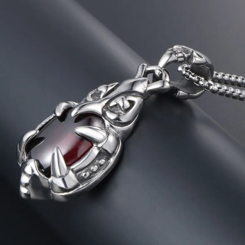 Claw Grip Red Stone Skull Pendant Necklace – 304 Stainless Steel