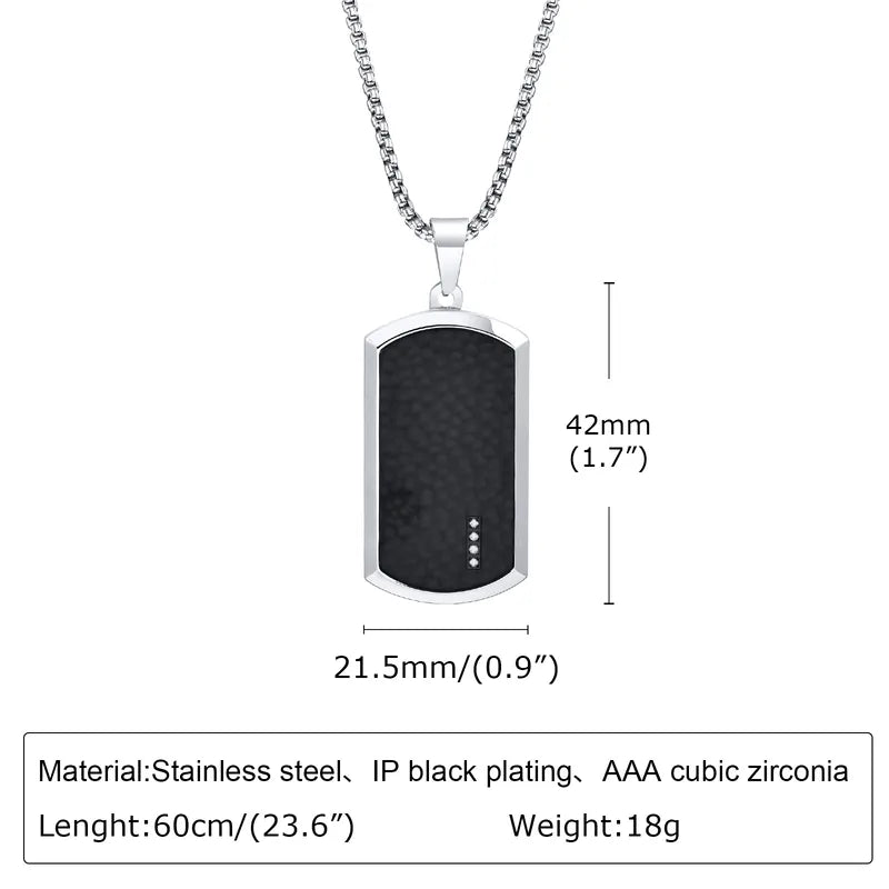 Minimalist Rectangle Pendant Necklace for Men – Stainless Steel with Black Plating & Zircon Accents (60cm)