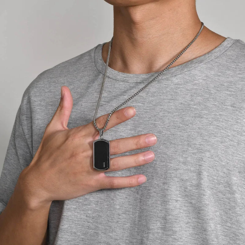 Minimalist Rectangle Pendant Necklace for Men – Stainless Steel with Black Plating & Zircon Accents (60cm)