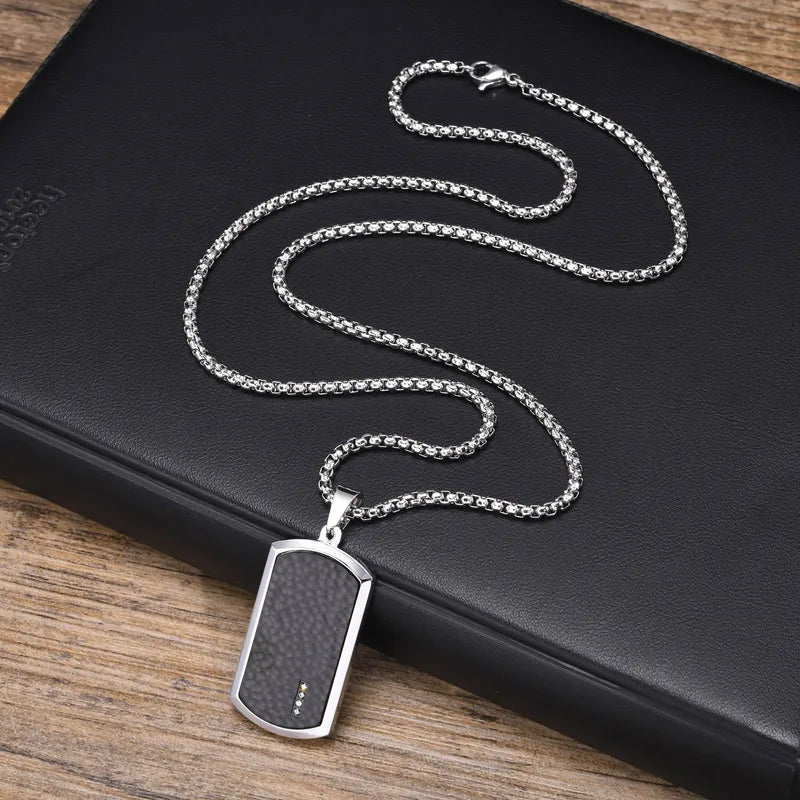 Minimalist Rectangle Pendant Necklace for Men – Stainless Steel with Black Plating & Zircon Accents (60cm)
