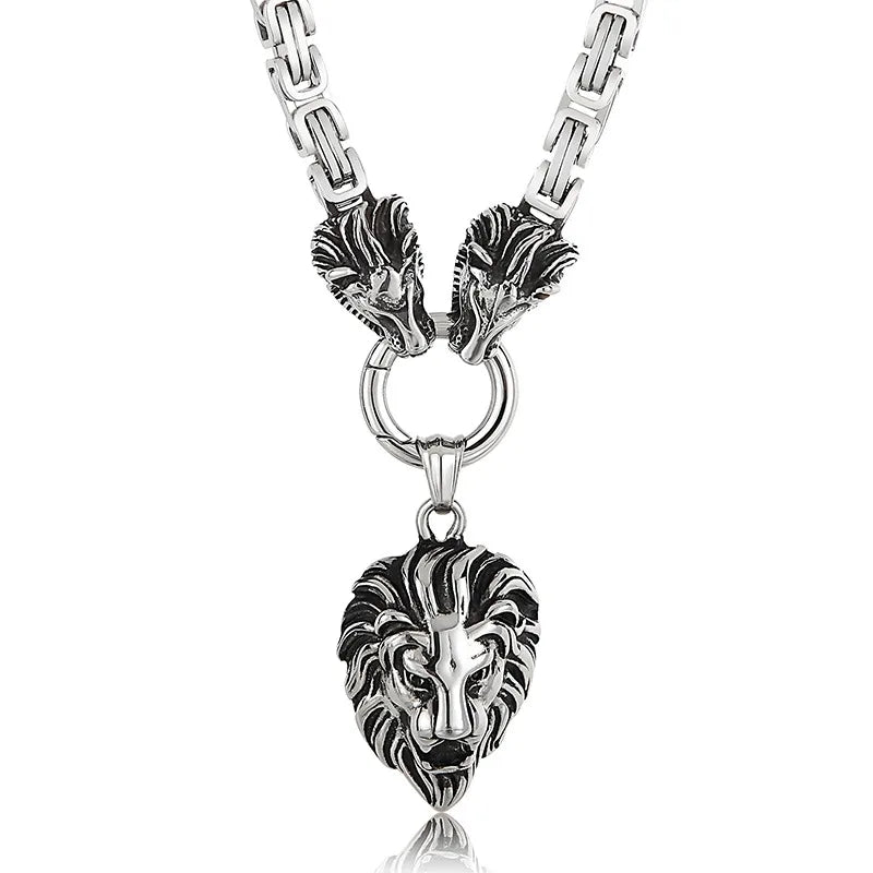 Bold Lion Head Pendant Necklace for Men – Stainless Steel Hip-Hop Chain (60cm)