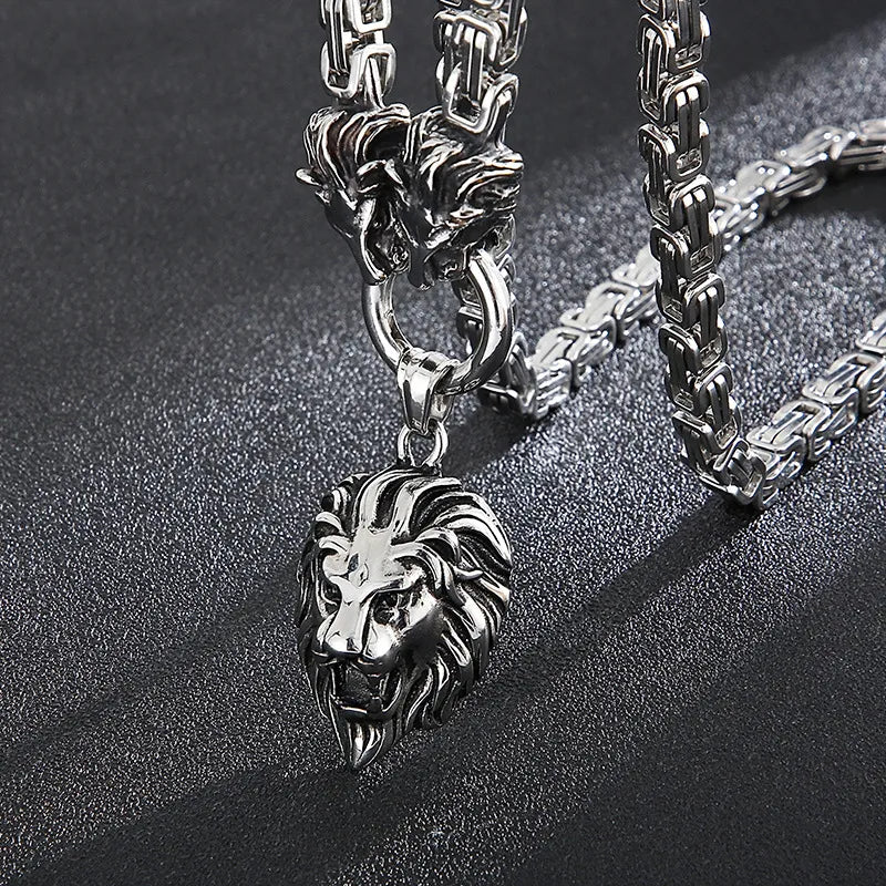 Bold Lion Head Pendant Necklace for Men – Stainless Steel Hip-Hop Chain (60cm)