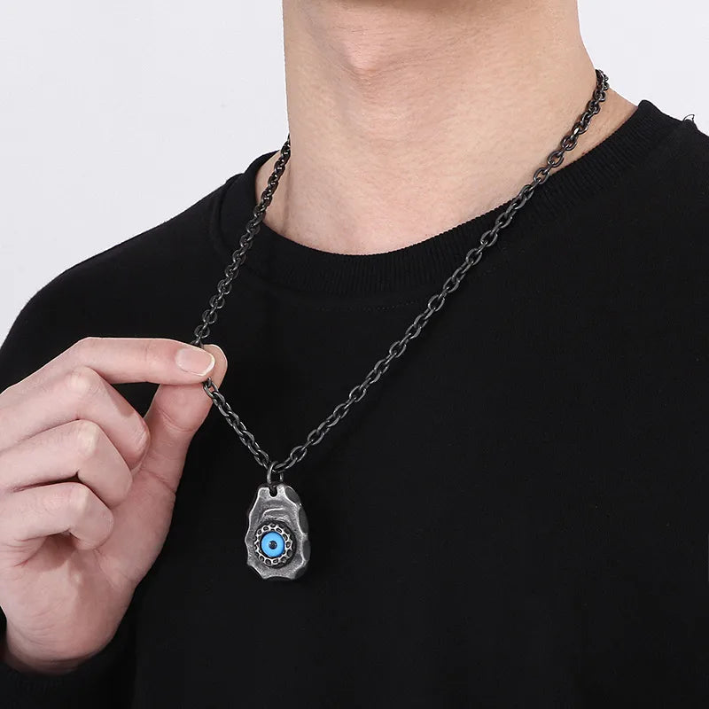 Men’s Retro Devil’s Eye Pendant Necklace – Stainless Steel Black Chain with Blue Inlay Stone