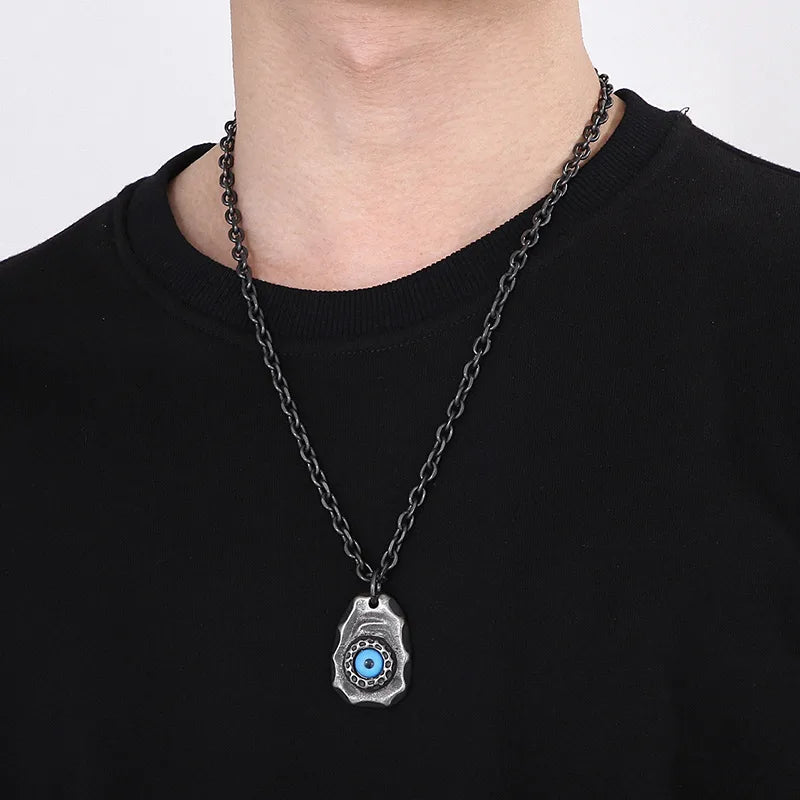 Men’s Retro Devil’s Eye Pendant Necklace – Stainless Steel Black Chain with Blue Inlay Stone