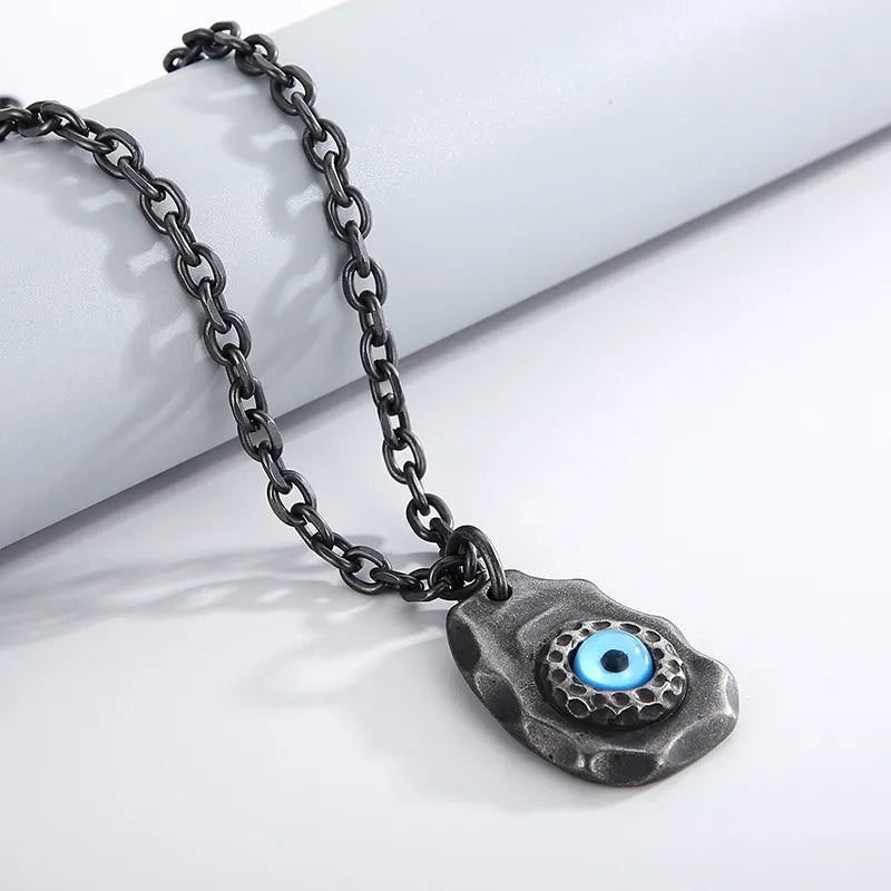 Men’s Retro Devil’s Eye Pendant Necklace – Stainless Steel Black Chain with Blue Inlay Stone