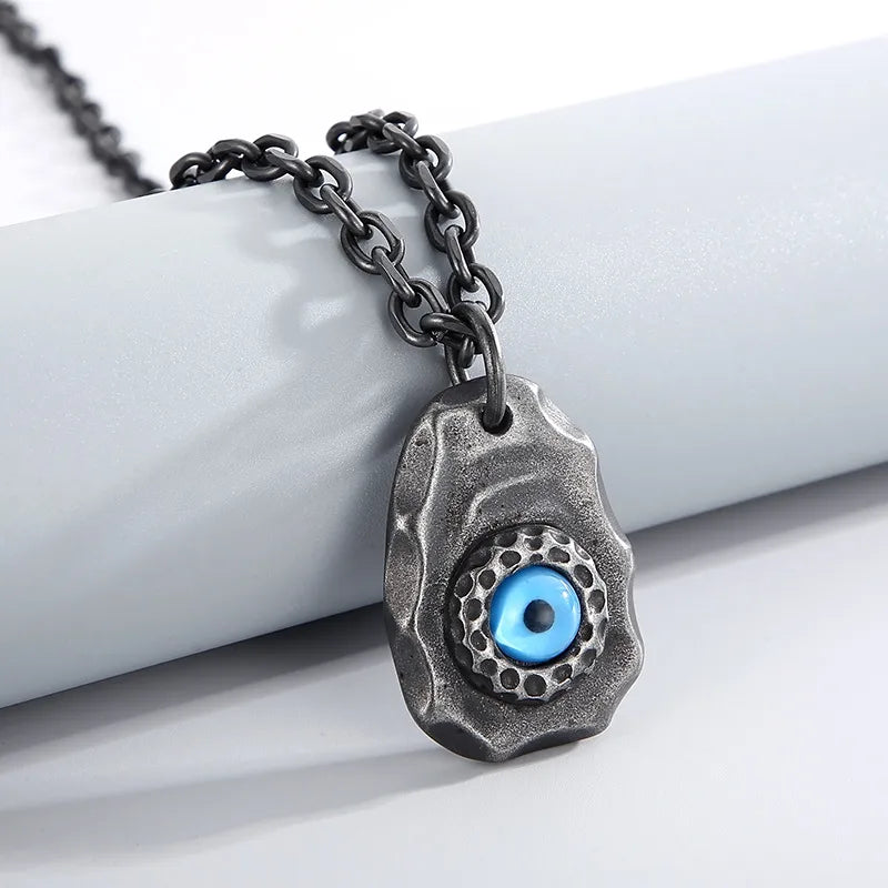 Men’s Retro Devil’s Eye Pendant Necklace – Stainless Steel Black Chain with Blue Inlay Stone