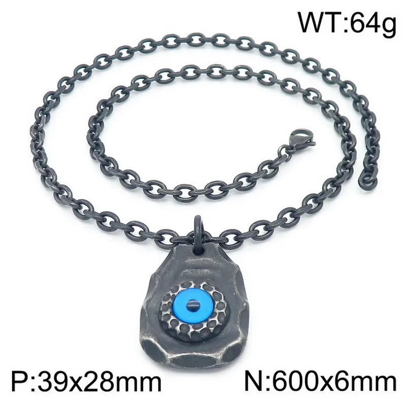 Men’s Retro Devil’s Eye Pendant Necklace – Stainless Steel Black Chain with Blue Inlay Stone