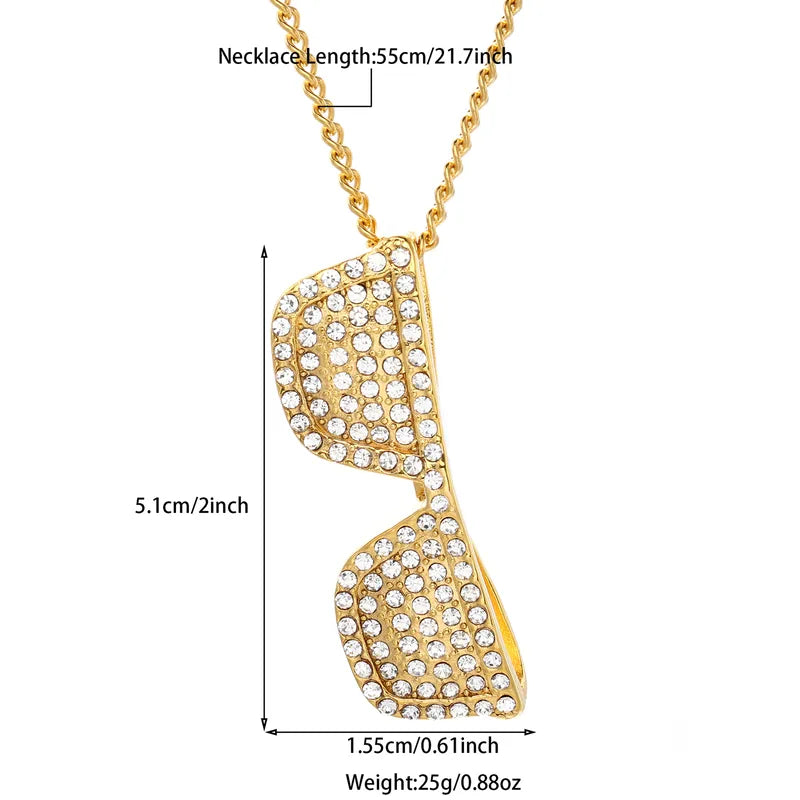 Gold Glasses Pendant Necklace for Men – 18K Gold Plated with Zircon Detailing | Heren.shop