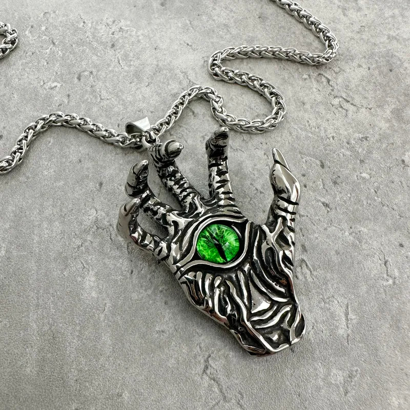 Men’s Devil’s Eye Hand Pendant Necklace – Stainless Steel with Green Cat Eye Stone