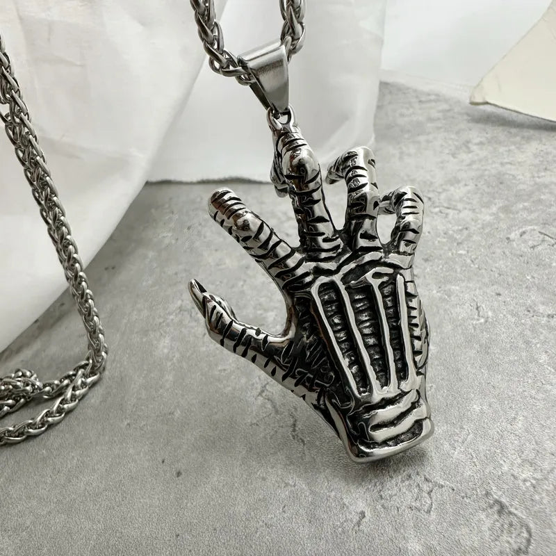 Men’s Devil’s Eye Hand Pendant Necklace – Stainless Steel with Green Cat Eye Stone