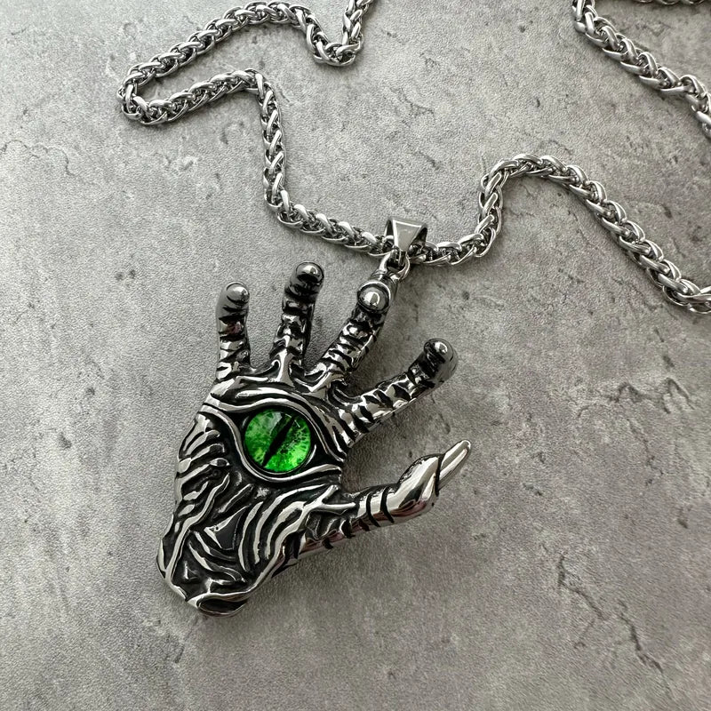 Men’s Devil’s Eye Hand Pendant Necklace – Stainless Steel with Green Cat Eye Stone