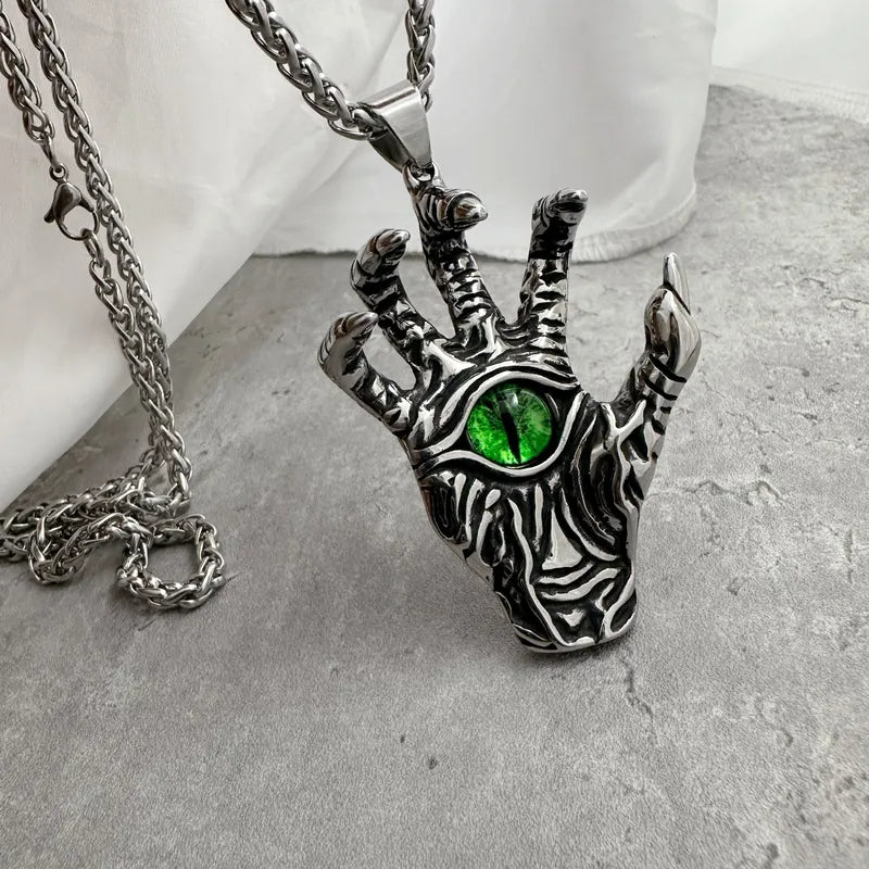 Men’s Devil’s Eye Hand Pendant Necklace – Stainless Steel with Green Cat Eye Stone