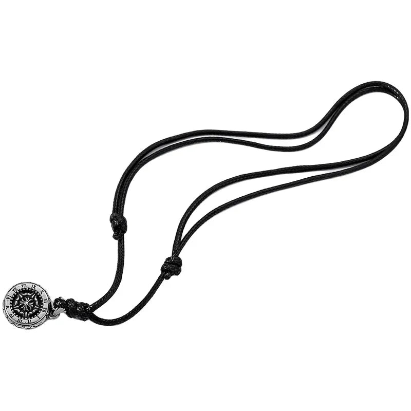 Men’s Compass Pendant Necklace – Adjustable Leather Rope with Roman Numerals