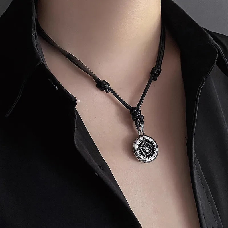 Men’s Compass Pendant Necklace – Adjustable Leather Rope with Roman Numerals