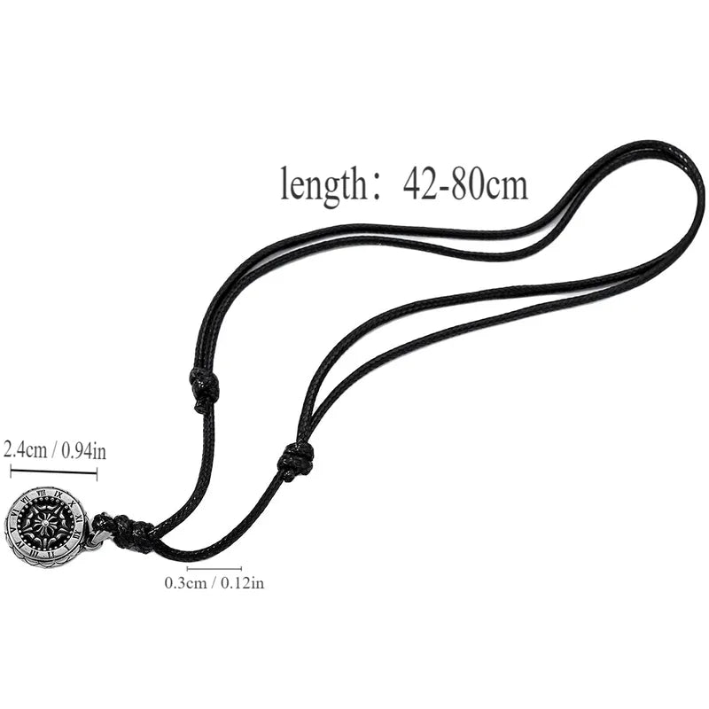 Men’s Compass Pendant Necklace – Adjustable Leather Rope with Roman Numerals