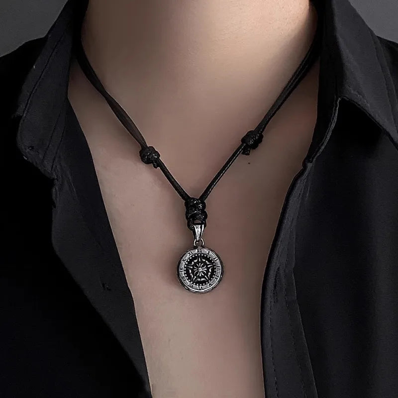 Men’s Compass Pendant Necklace – Adjustable Leather Rope with Roman Numerals