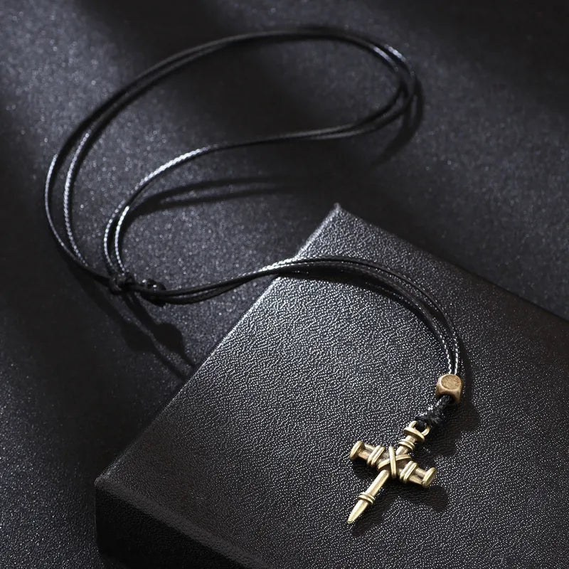 Antique Cross Pendant Necklace for Men – Adjustable Black Cord & Vintage Nail Design