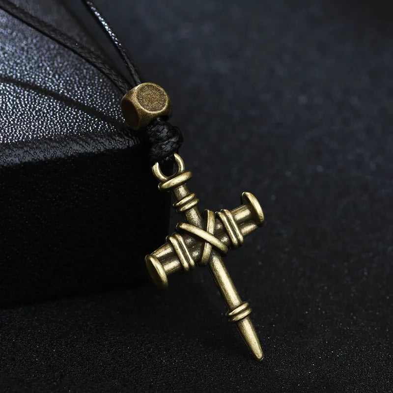 Antique Cross Pendant Necklace for Men – Adjustable Black Cord & Vintage Nail Design
