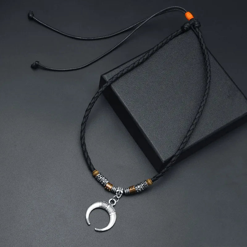 Retro Crescent Pendant Necklace for Men – Braided Leather Cord with Vintage Beads