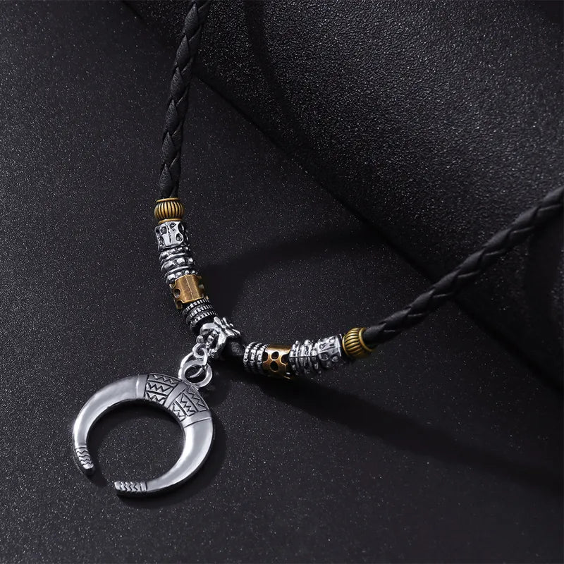 Retro Crescent Pendant Necklace for Men – Braided Leather Cord with Vintage Beads