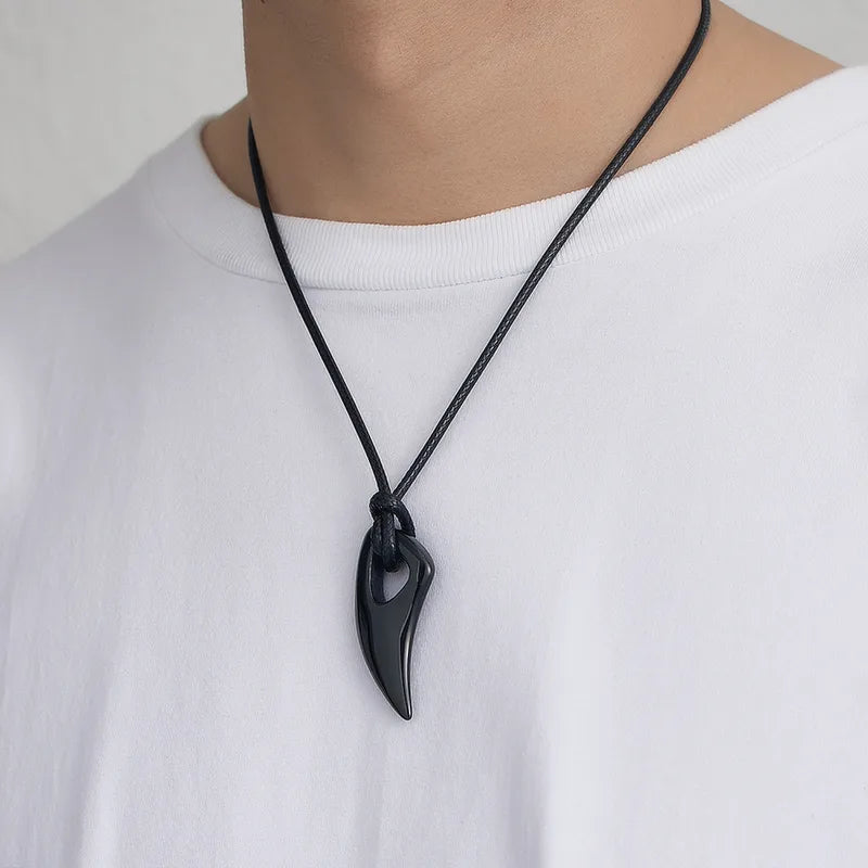 Black Fang Pendant Necklace – Minimal Leather Cord Necklace for Men
