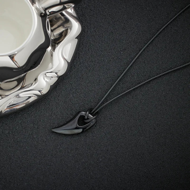 Black Fang Pendant Necklace – Minimal Leather Cord Necklace for Men