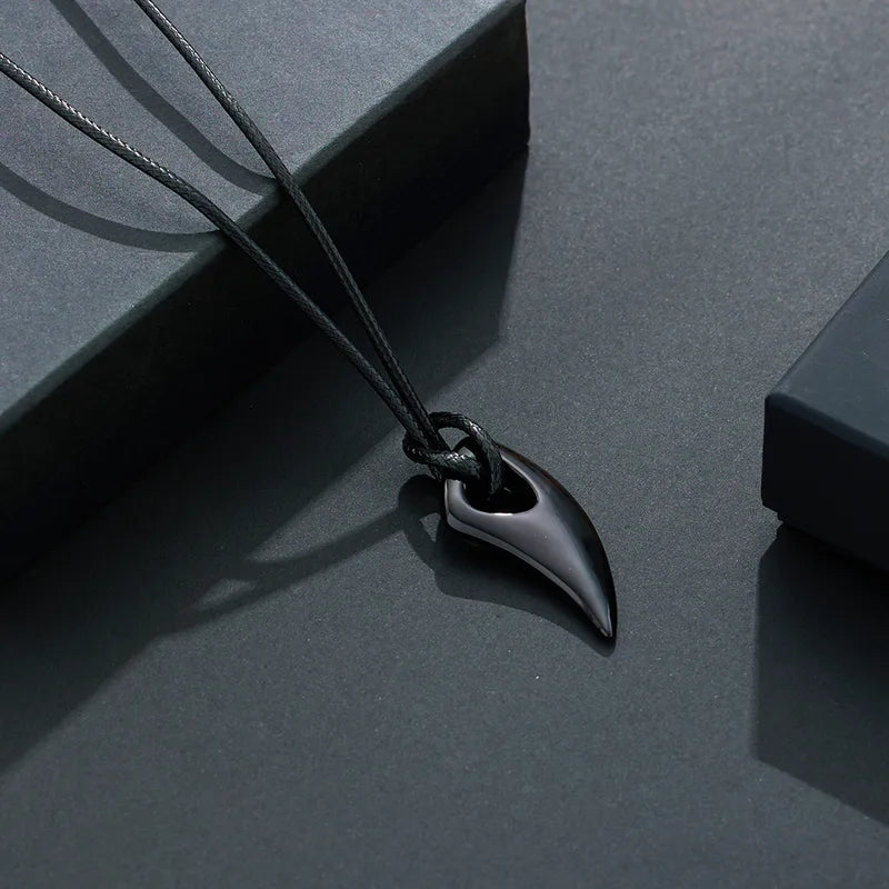 Black Fang Pendant Necklace – Minimal Leather Cord Necklace for Men