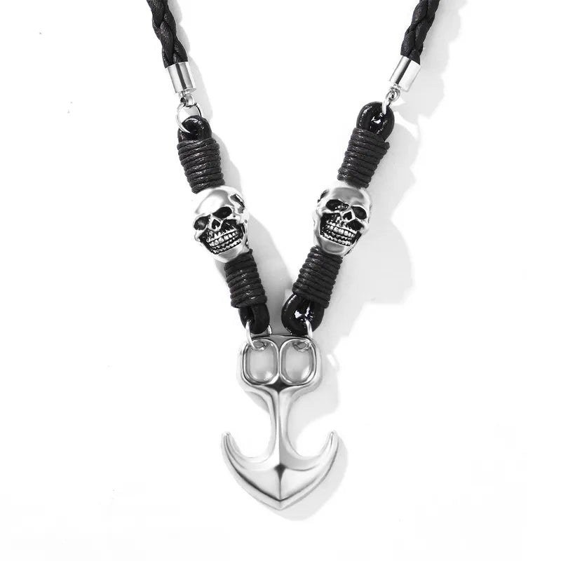 Skull & Anchor Pendant Necklace – Retro Punk Leather Cord
