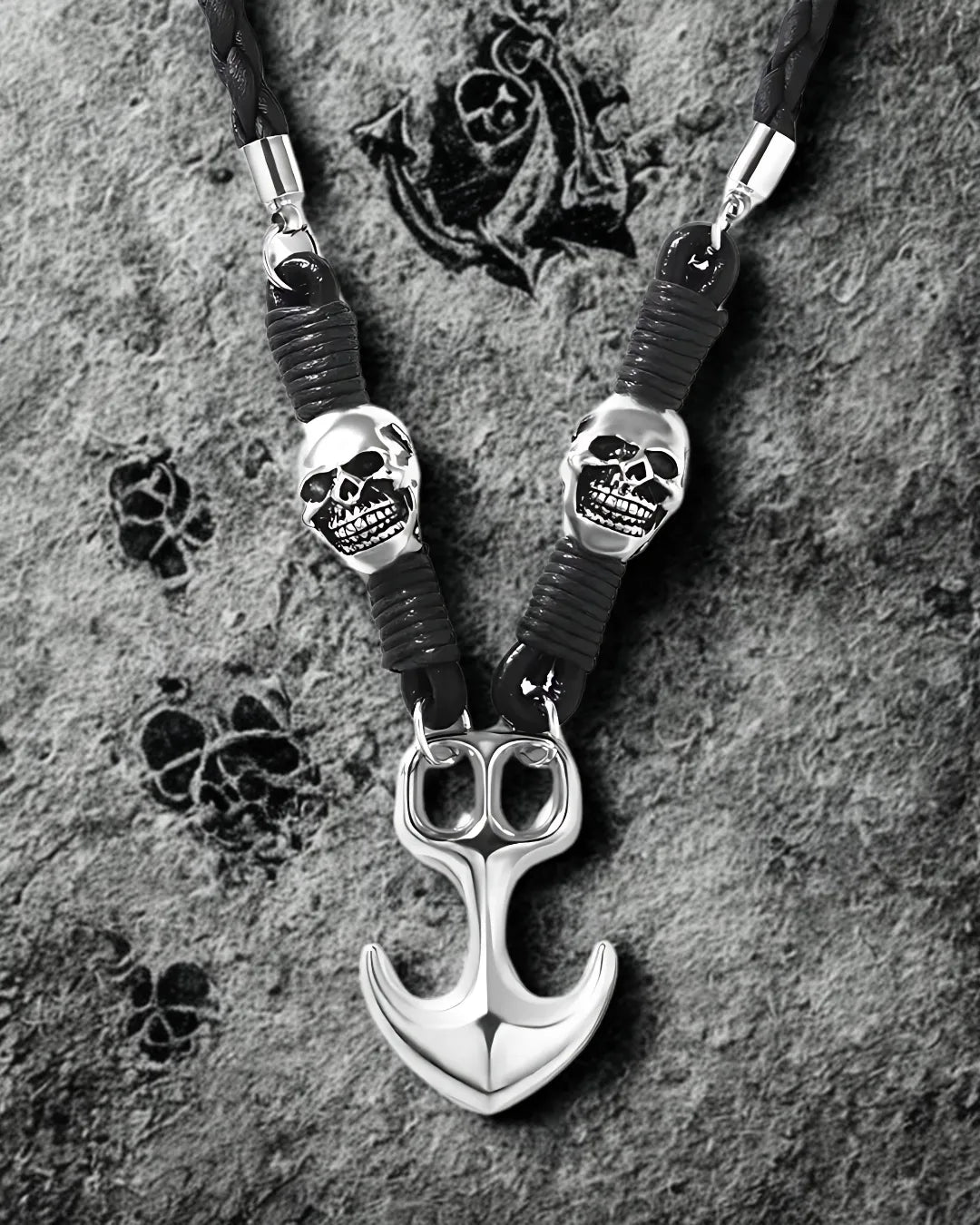 Skull & Anchor Pendant Necklace – Retro Punk Leather Cord
