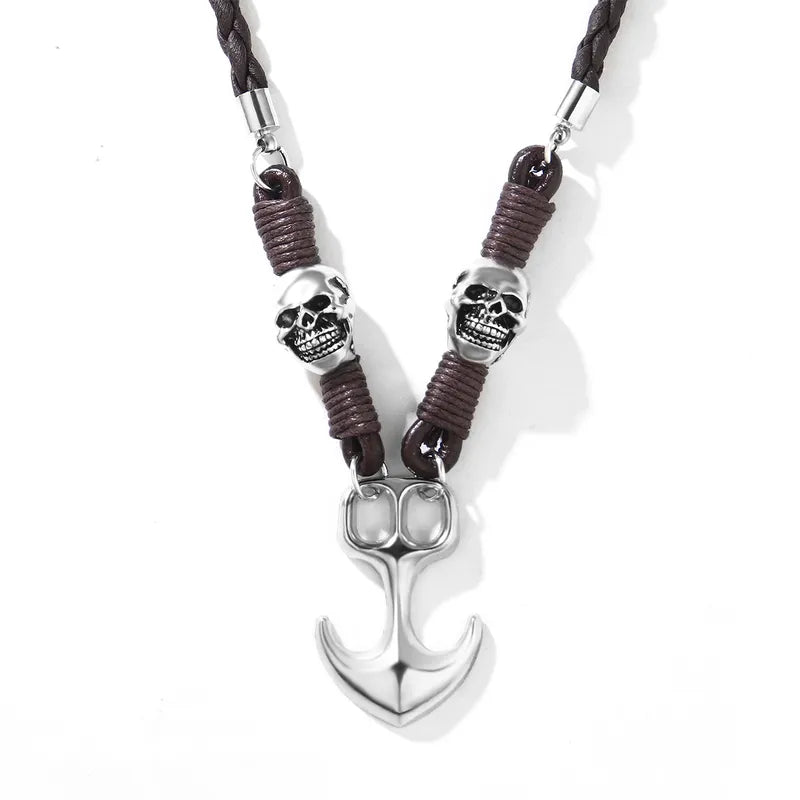 Retro Skull & Anchor Pendant Necklace – Braided Brown Leather Cord