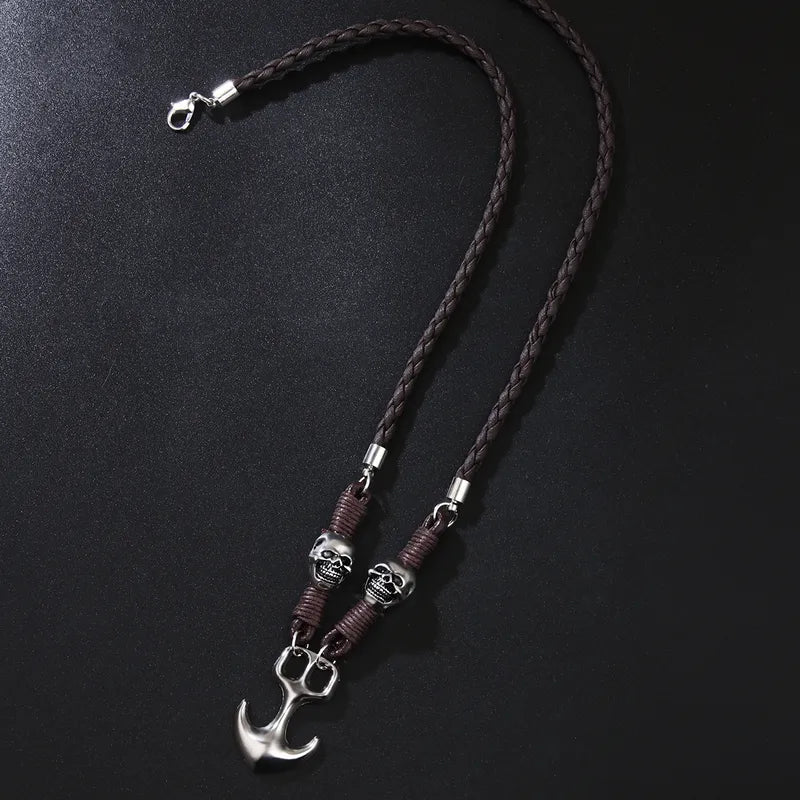 Retro Skull & Anchor Pendant Necklace – Braided Brown Leather Cord