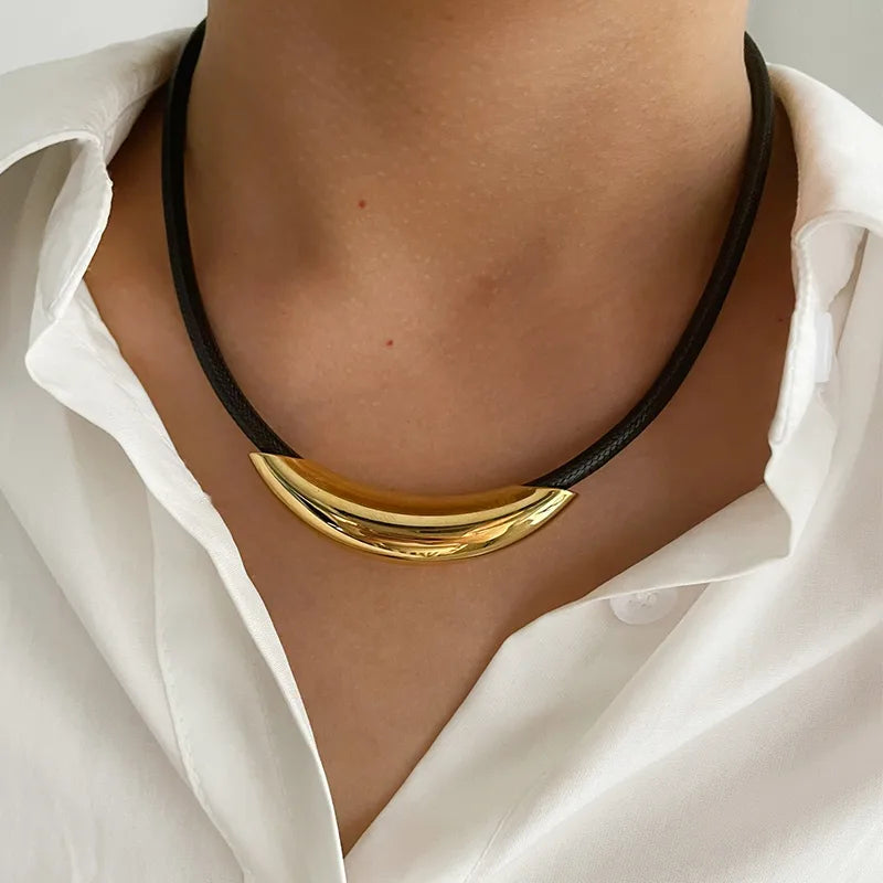 Minimalist Stainless Steel Crescent Necklace – Black Leather Cord (Gold Finish)