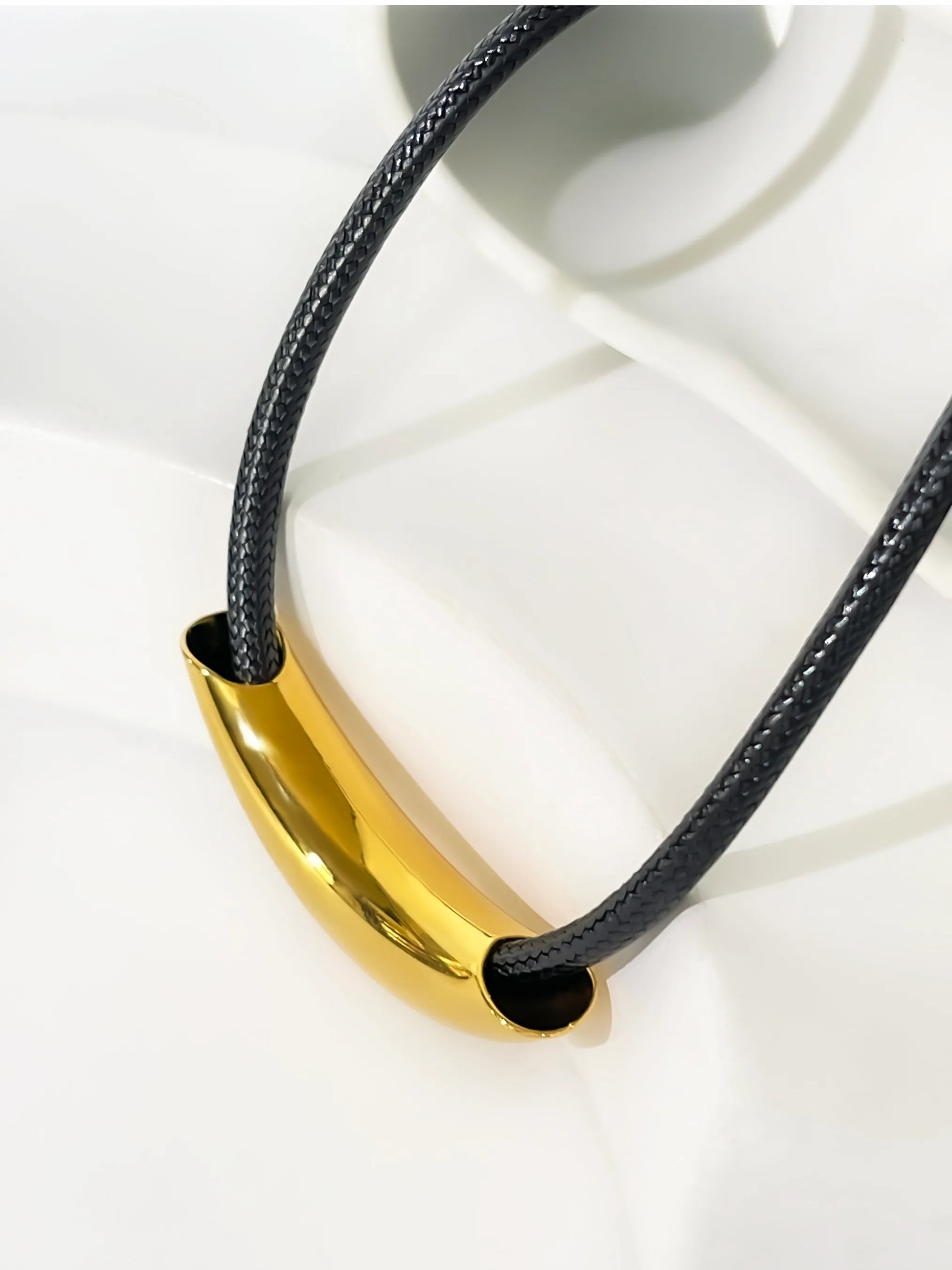 Minimalist Stainless Steel Crescent Necklace – Black Leather Cord (Gold Finish)