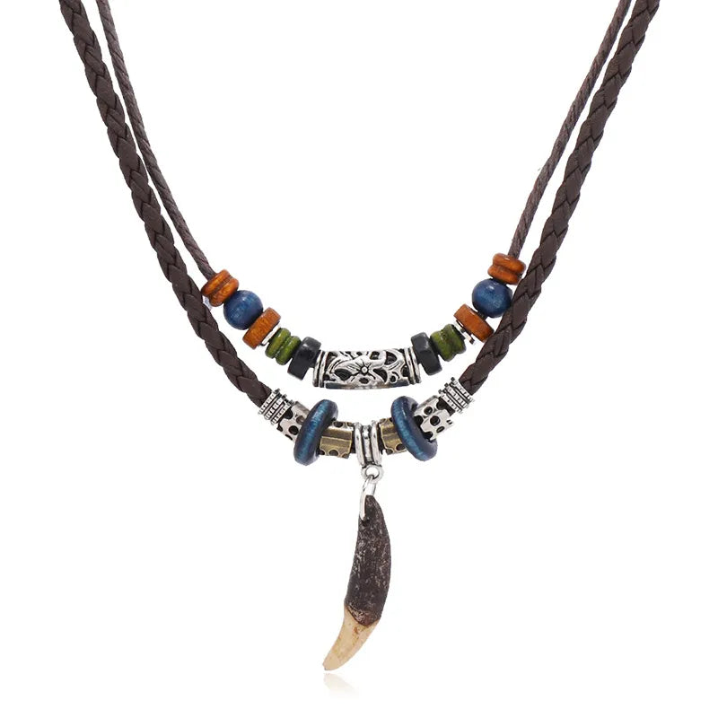 Double Layer Leather Fang Necklace for Men – Tribal Beaded Pendant with Adjustable Rope