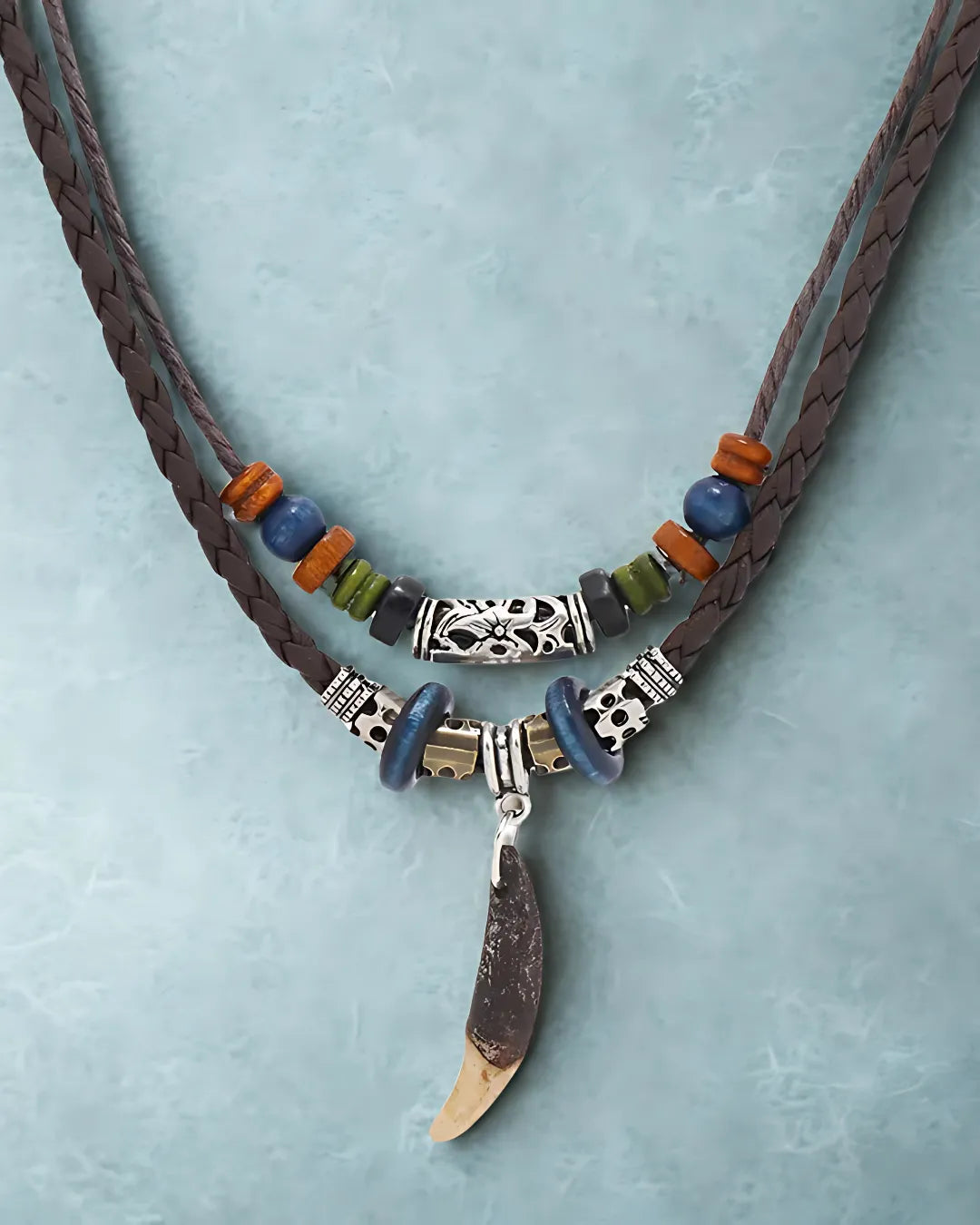 Double Layer Leather Fang Necklace for Men – Tribal Beaded Pendant with Adjustable Rope