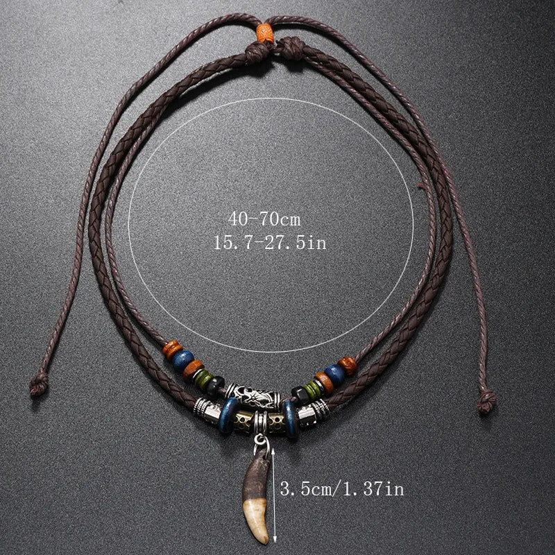 Double Layer Leather Fang Necklace for Men – Tribal Beaded Pendant with Adjustable Rope