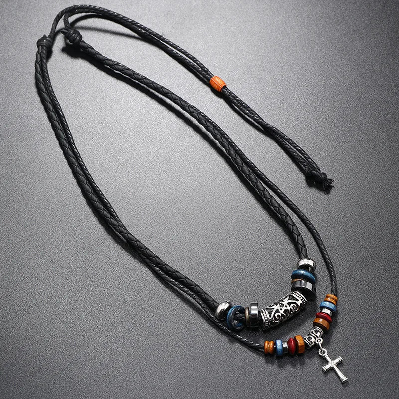 Double Layer Leather Rope Cross Necklace for Men – Vintage Beaded Tribal Pendant