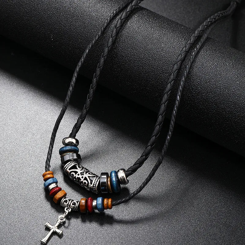 Double Layer Leather Rope Cross Necklace for Men – Vintage Beaded Tribal Pendant