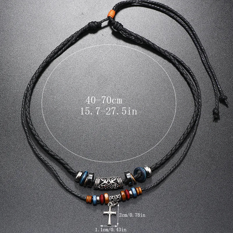 Double Layer Leather Rope Cross Necklace for Men – Vintage Beaded Tribal Pendant